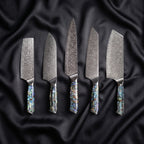 Shizuku Damascus Knife Set · the full set on black silk