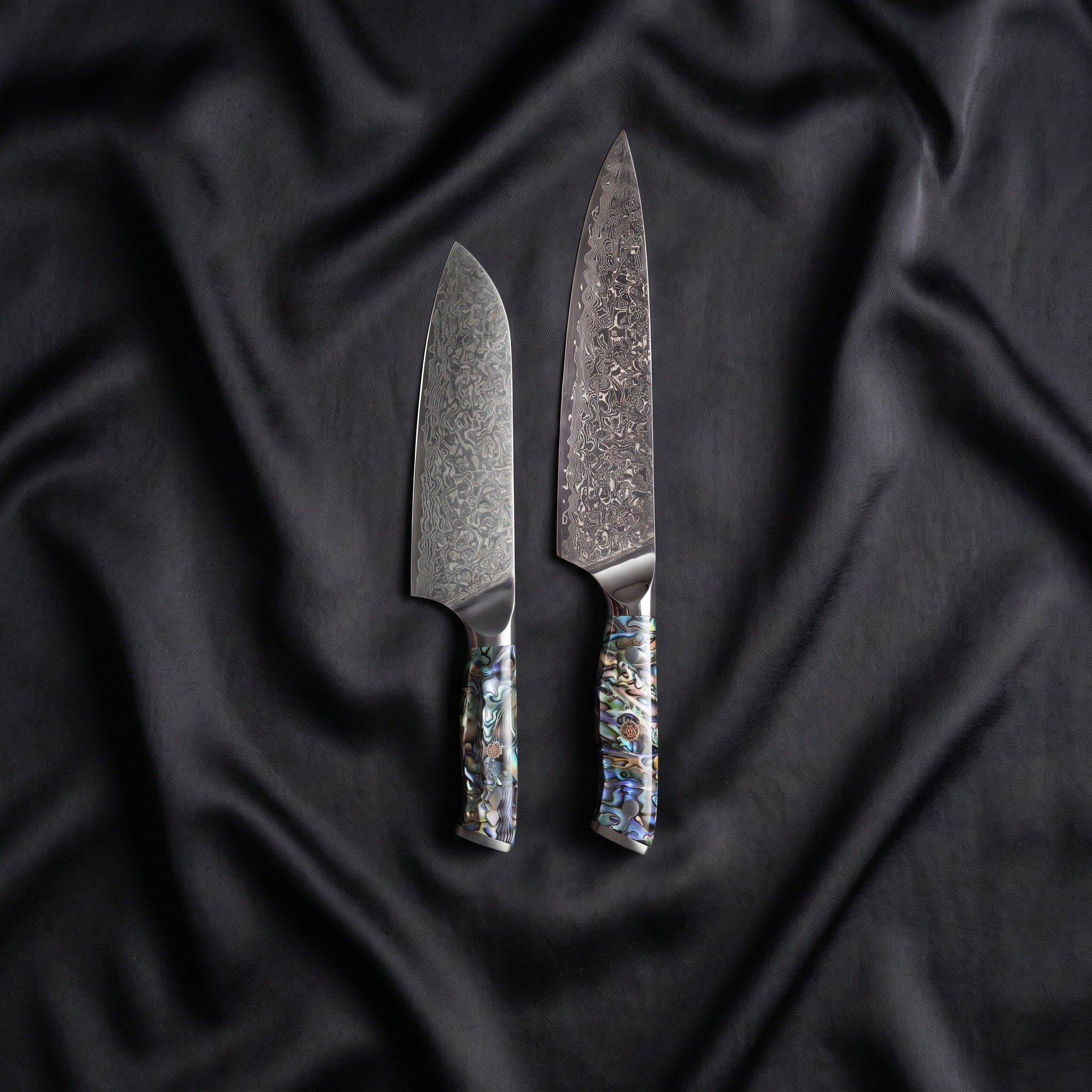 Shizuku Knife Duo (Gyuto & Santoku) · the full set on black silk