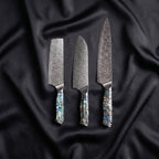 Shizuku Knife Trio (Gyuto, Nakiri & Santoku) · the full set on black silk