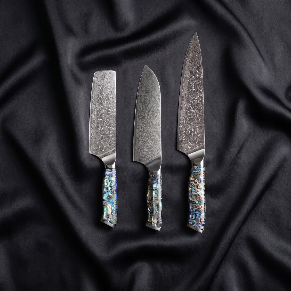Shizuku Knife Trio (Gyuto, Nakiri & Santoku) · the full set on black silk