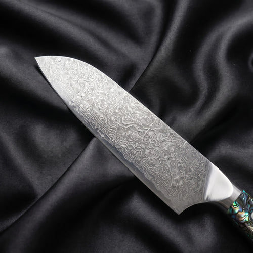 Shizuku Santoku Knife · Damascus blade close-up