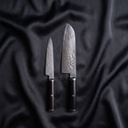 Tsurugi Knife Duo (Santoku & Petty) · the full set on black silk