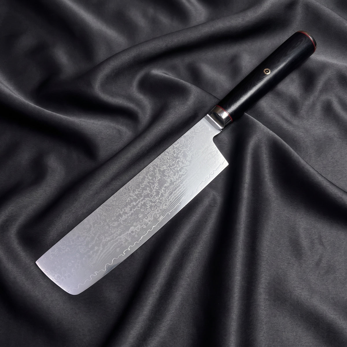 Tsurugi Nakiri Knife · full blade on black silk