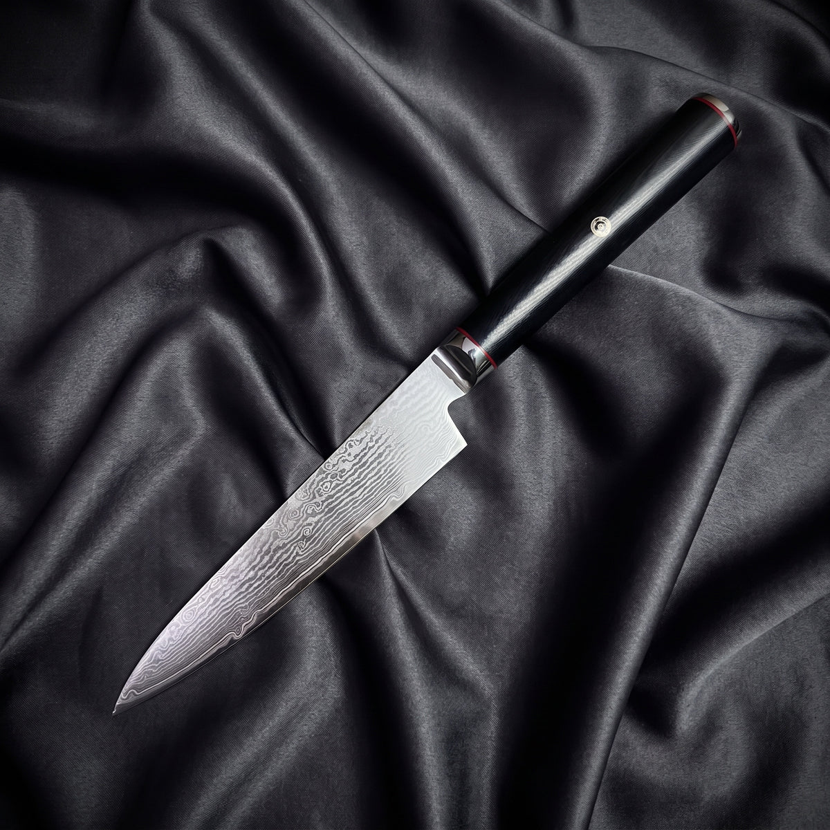 Tsurugi Petty Utility Knife · full blade on black silk