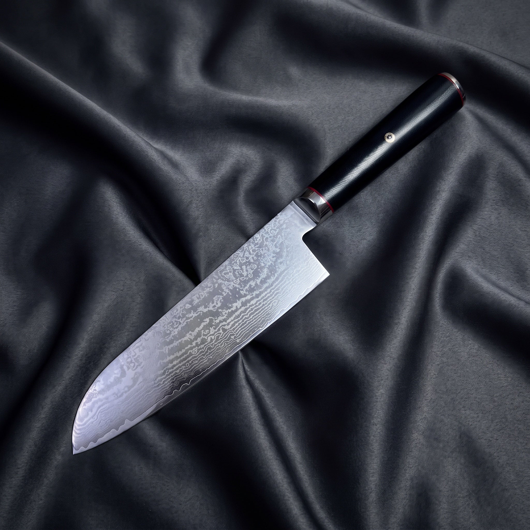 Tsurugi Santoku Knife · full blade on black silk